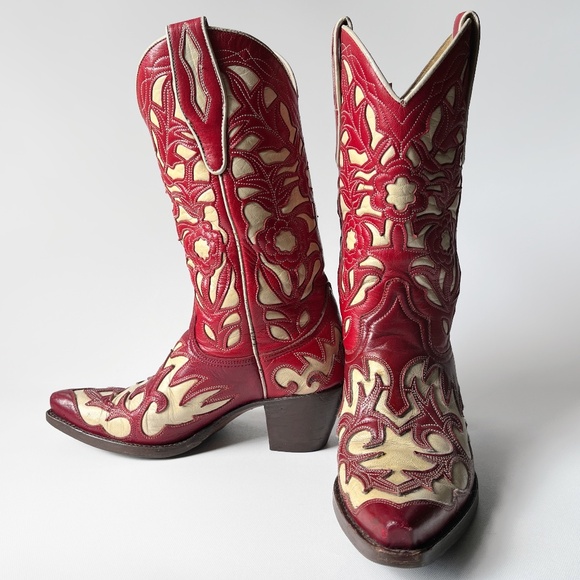 Vintage SENDRA 6.5-7 Cowboy Boots Genuine Leather 1960s Cherry Red & Cream Spain - Picture 1 of 16